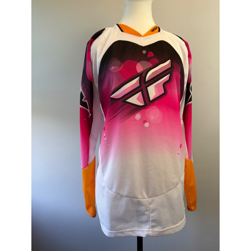 Fly Racing WMN Kinetic Motocross Jersey Pink White Orange Mesh Long Sleeve Large